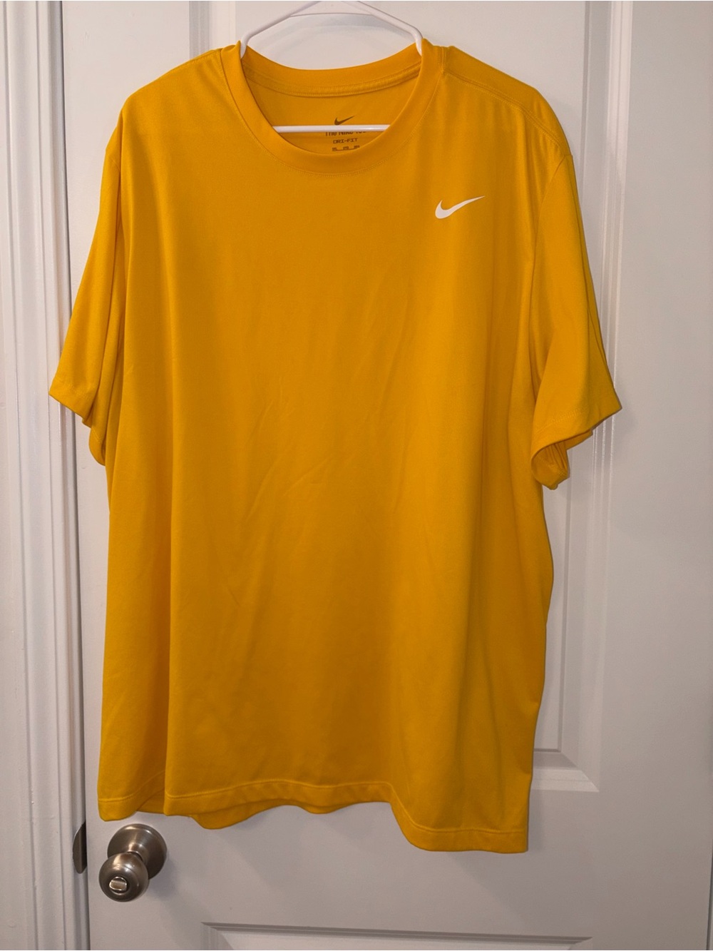 Nike Men’s Gold Short Sleeve Performance Tee with White Swoosh